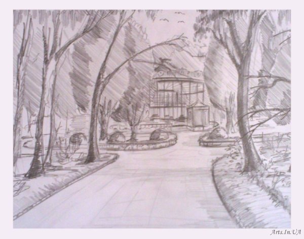 Осенний пейзаж рисунок карандашом