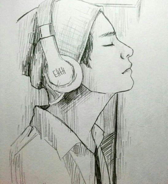 Человек в наушниках карандашом