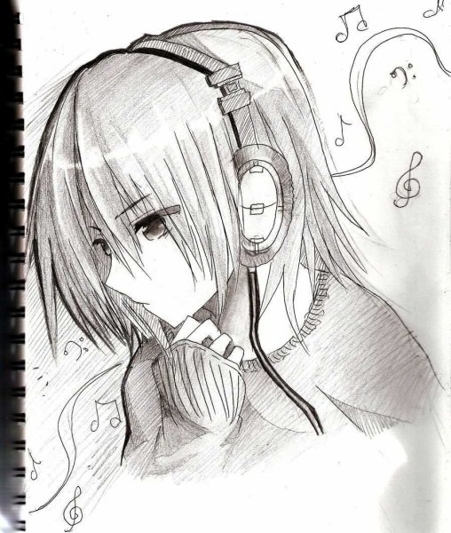Аниме девушка в наушниках карандашом