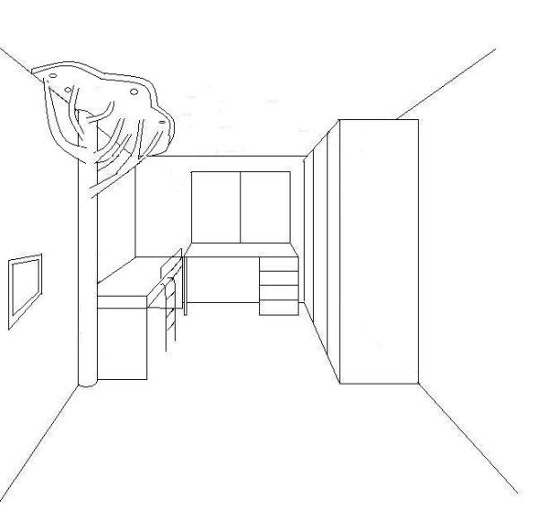 Поэтапное рисование комнаты с мебелью