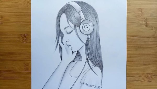Девушка в наушниках рисунок карандашом