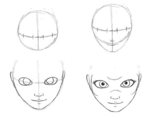 Пошаговый рисунок лица девушки