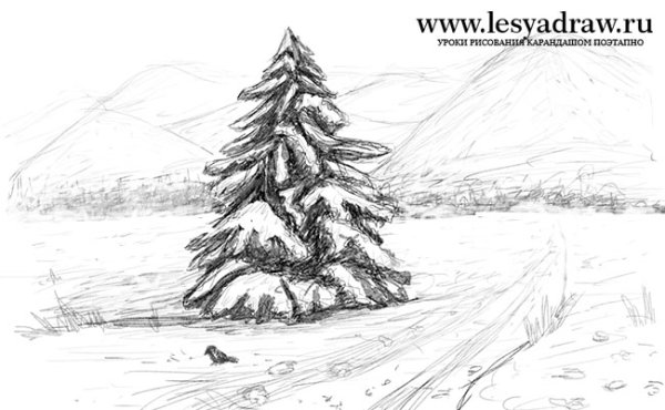 Зимний пейзаж карандашом для срисовки