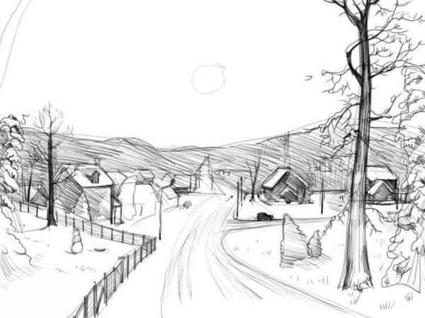 Зимний пейзаж карандашом для детей