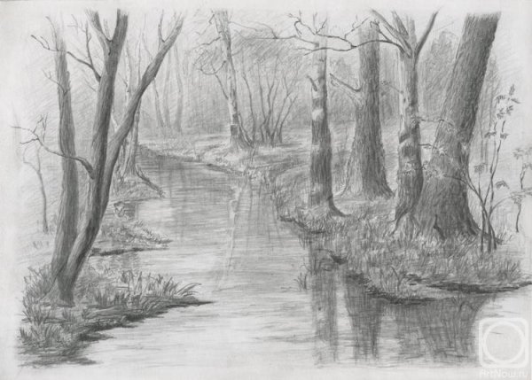 Пейзаж черным карандашом