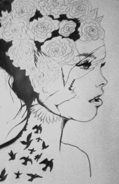 Девушка в цветах карандашом