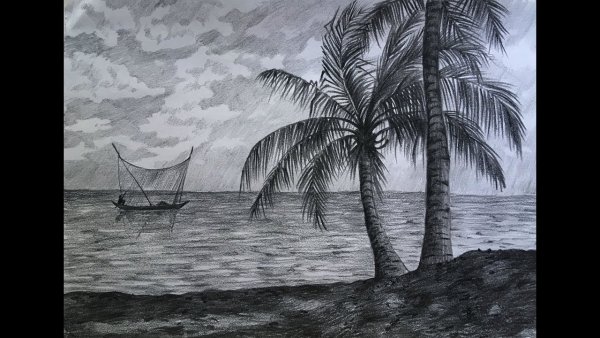 Пейзаж моря рисунок карандашом