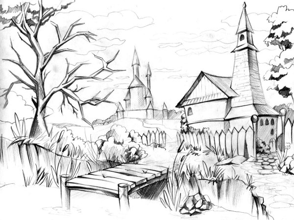 Фантастический пейзаж карандашом