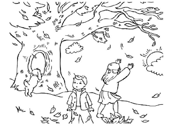 Раскраска ветер с листьями