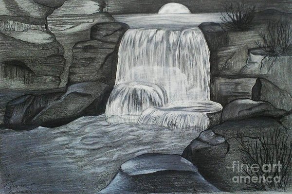 Пейзаж водопад карандашом