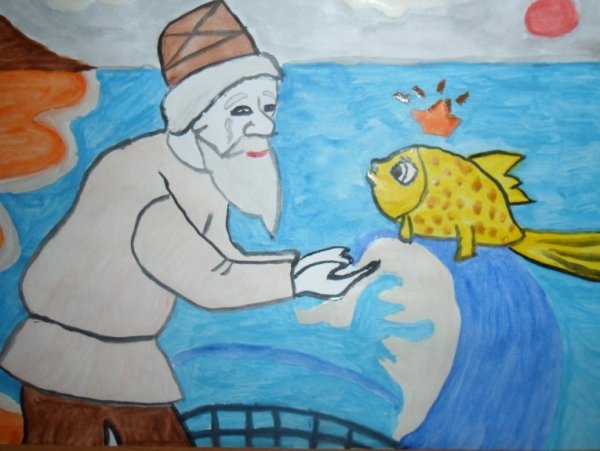 Нарисовать рыбака и рыбку карандашом