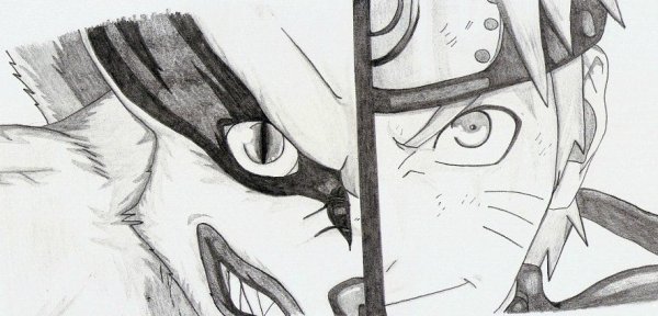 Наруто и курама черно белый