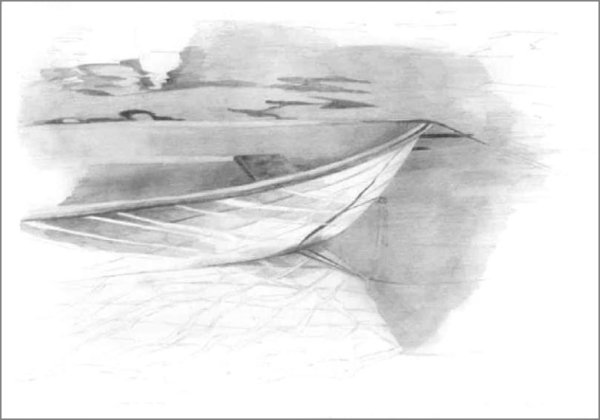 Пейзаж с лодкой карандашом