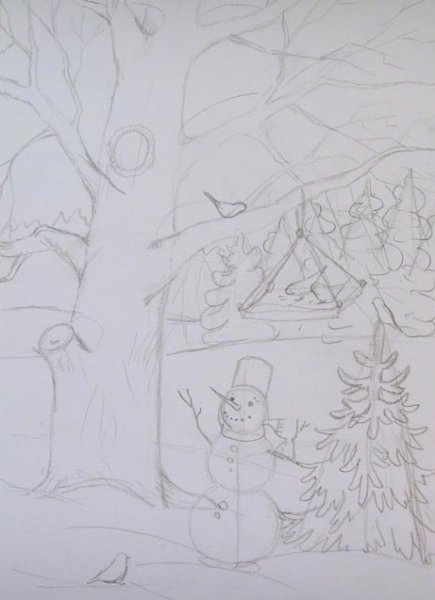 Зимний лес карандашом