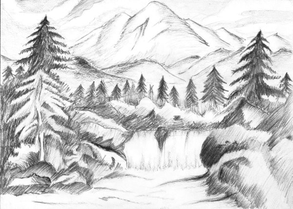 Пейзаж простым карандашом горы