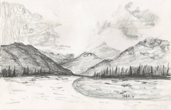 Горный пейзаж карандашом