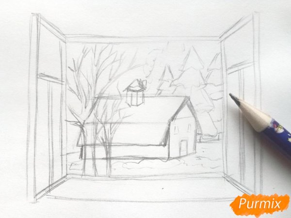 Пейзаж из окна карандашом