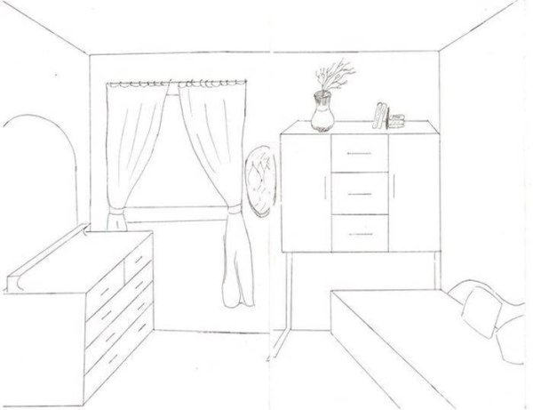 Рисунок комнаты карандашом