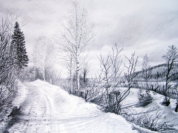 Зимний пейзаж простым карандашом