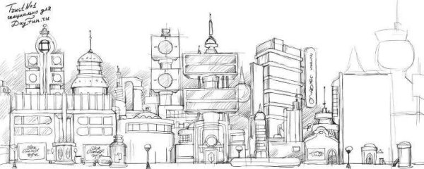 Эскиз города будущего карандашом