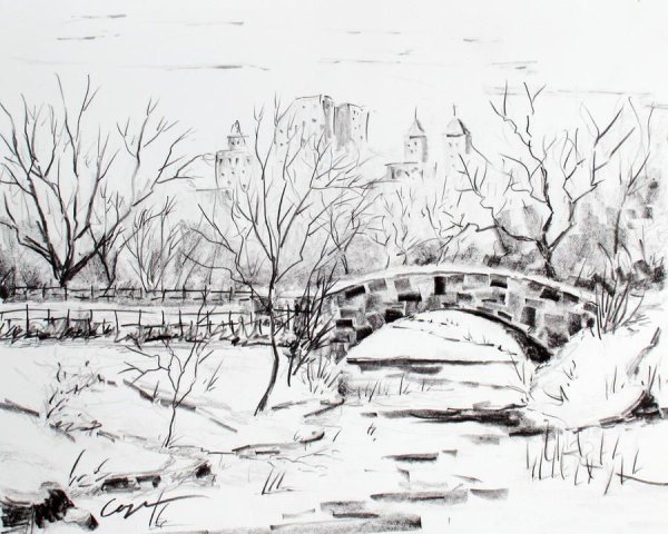 Зимний пейзаж карандашом для срисовки