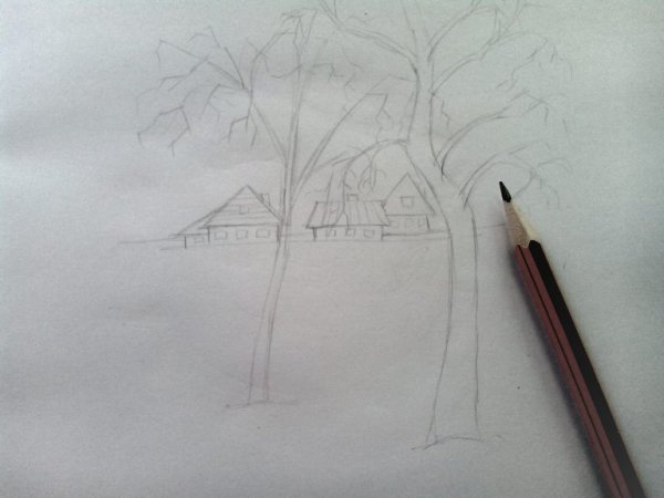 Пейзаж карандашом на листе