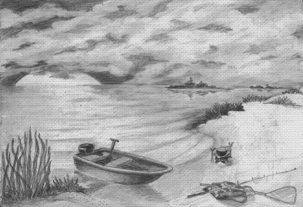 Пейзаж карандашом рыбалка