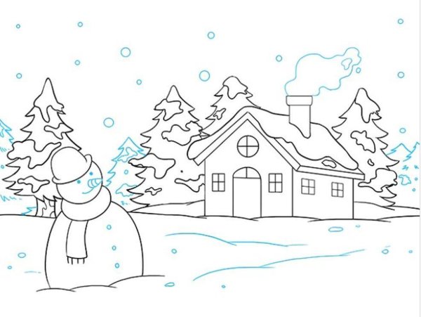 Зимний пейзаж карандашом