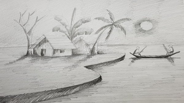 Пейзаж закат карандашом простым