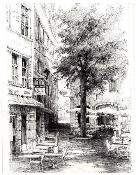 Карандашный набросок городского пейзажа