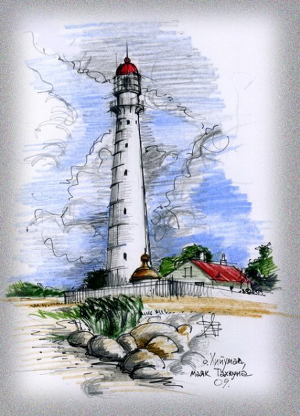 Маяк цветными карандашами