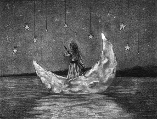 Девушка и Луна рисунок карандашом