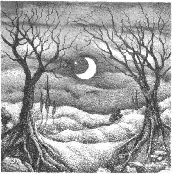 Пейзаж природы ночной карандашом