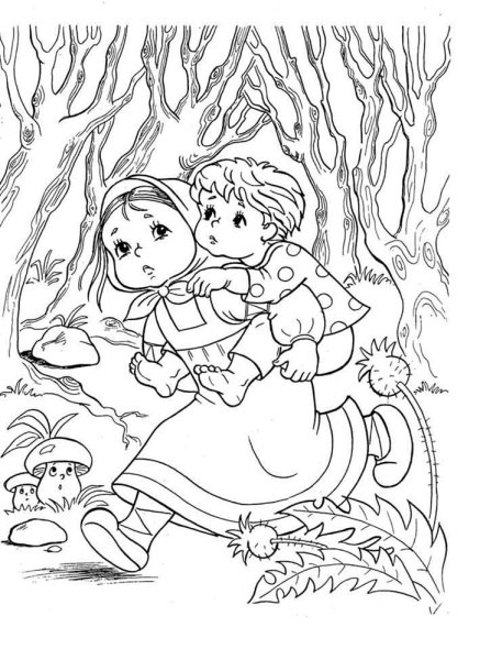 Раскраска по сказке гуси лебеди для детей