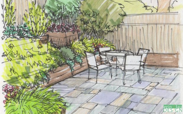 Интерьер сада карандашом