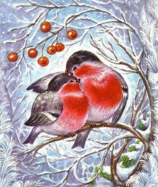 Алмазная мозаика Снегири на рябине