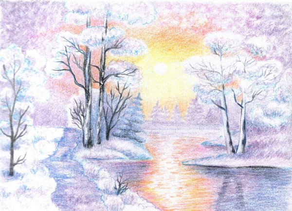 Зимний пейзаж карандашом