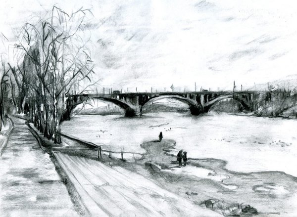 Зимний городской пейзаж карандашом