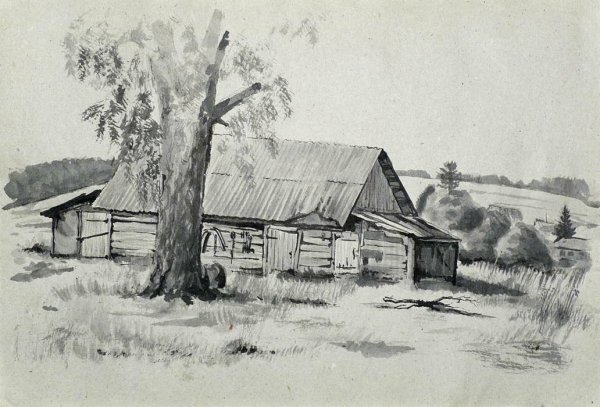 Деревенский пейзаж в графике