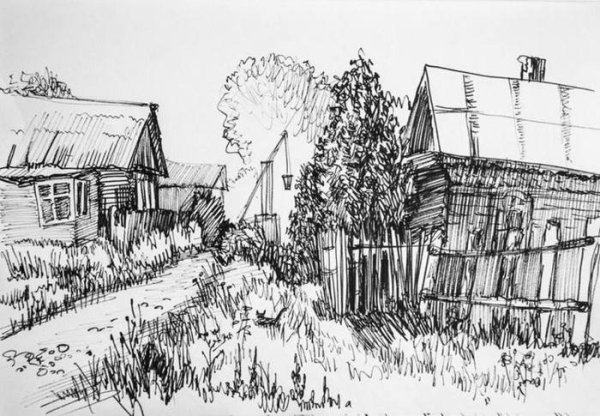 Деревенский пейзаж в графике