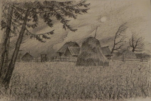 Деревенский пейзаж карандашом