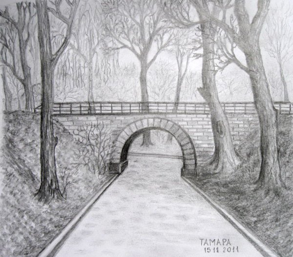 Парковый пейзаж карандашом