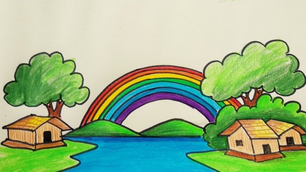 Пейзаж с радугой рисунок карандашом