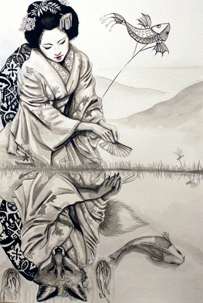 Лисица Кицунэ японская гравюра