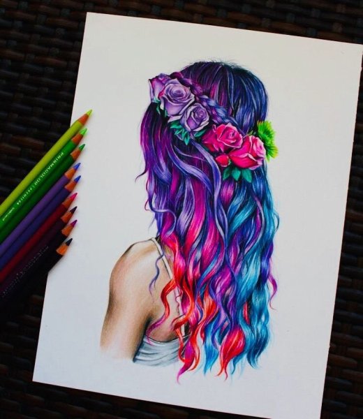Волосы цветными карандашами