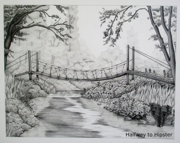 Пейзаж с мостиком карандашом
