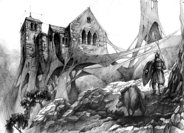 Фантастический пейзаж карандашом
