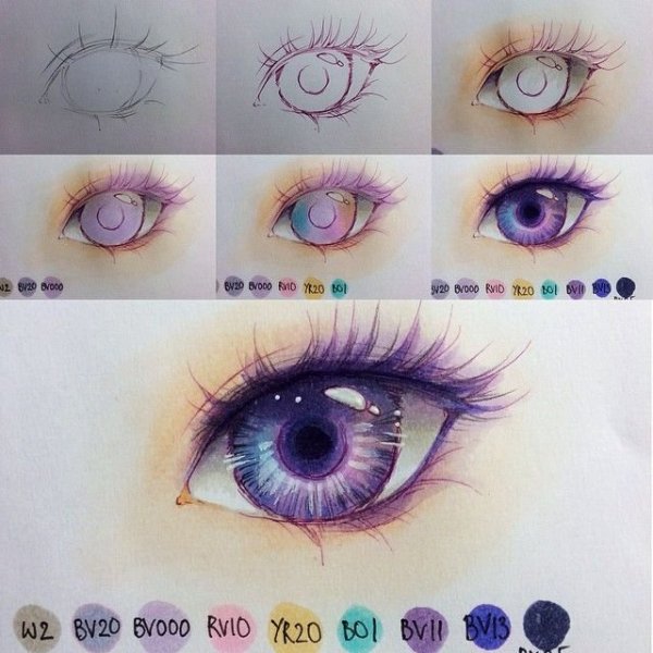 Аниме глаза цветными карандашами