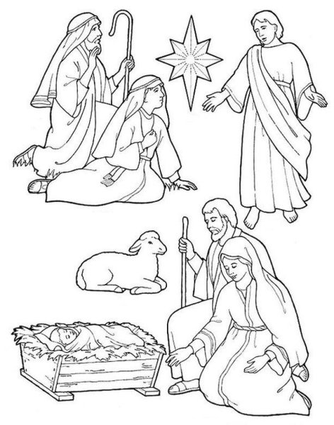 Иосиф и Мария в вертепе раскраска