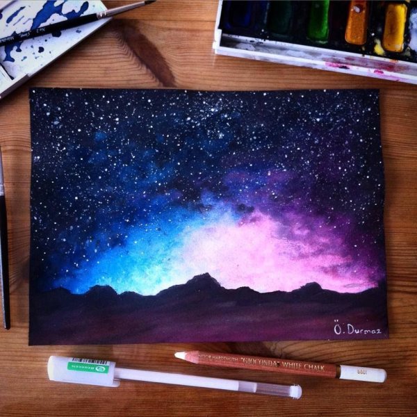 Космос рисунок акварелью